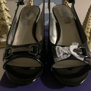 East 5th Glossy Black Slingback Heels